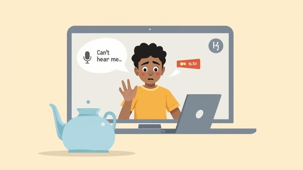 A person adjusting audio settings on a laptop with a modern user interface overlay.