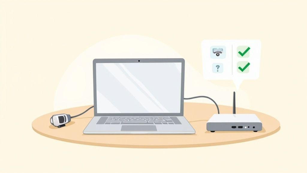 A person at a desk with a laptop, headphones, and microphone, preparing for a conference call.