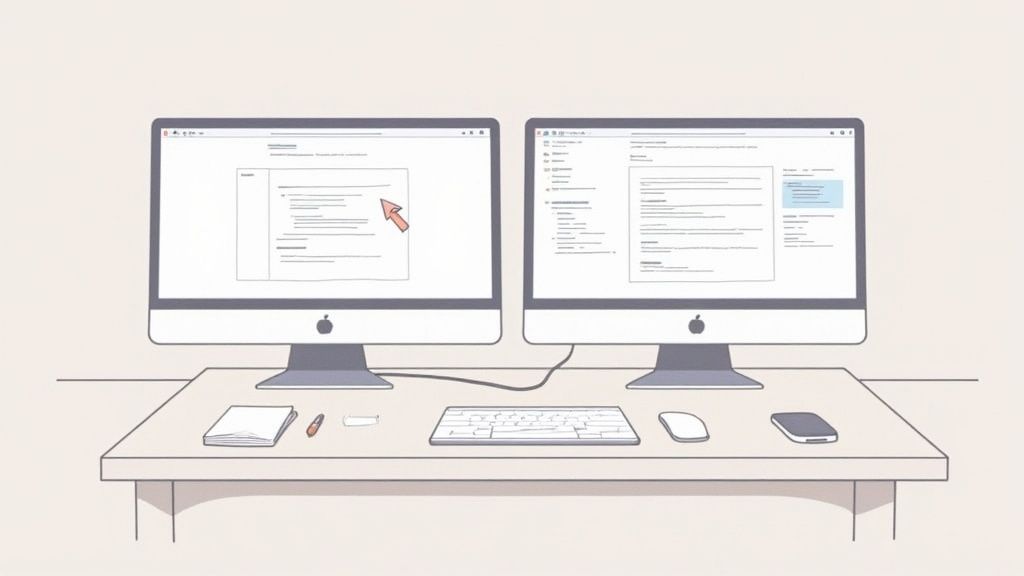 A person pointing at a computer screen during a video call, demonstrating professional screen sharing.