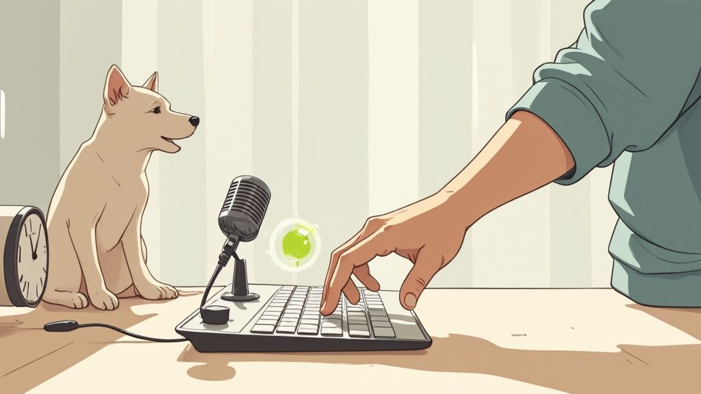 A person pressing a dedicated mute button on a keyboard during a video call, looking calm and in control.