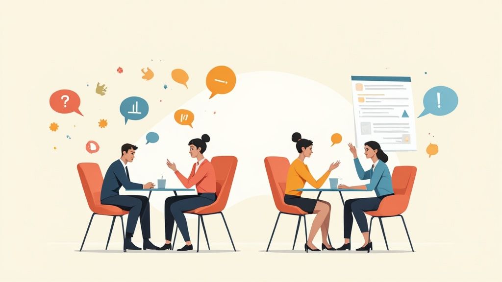 A team collaborating around a table with a clear agenda, showing focus and productivity.