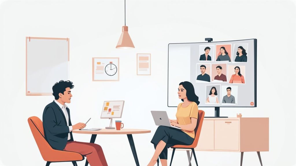 A distributed team engaging in a video conference, with some members in an office and others working from home.