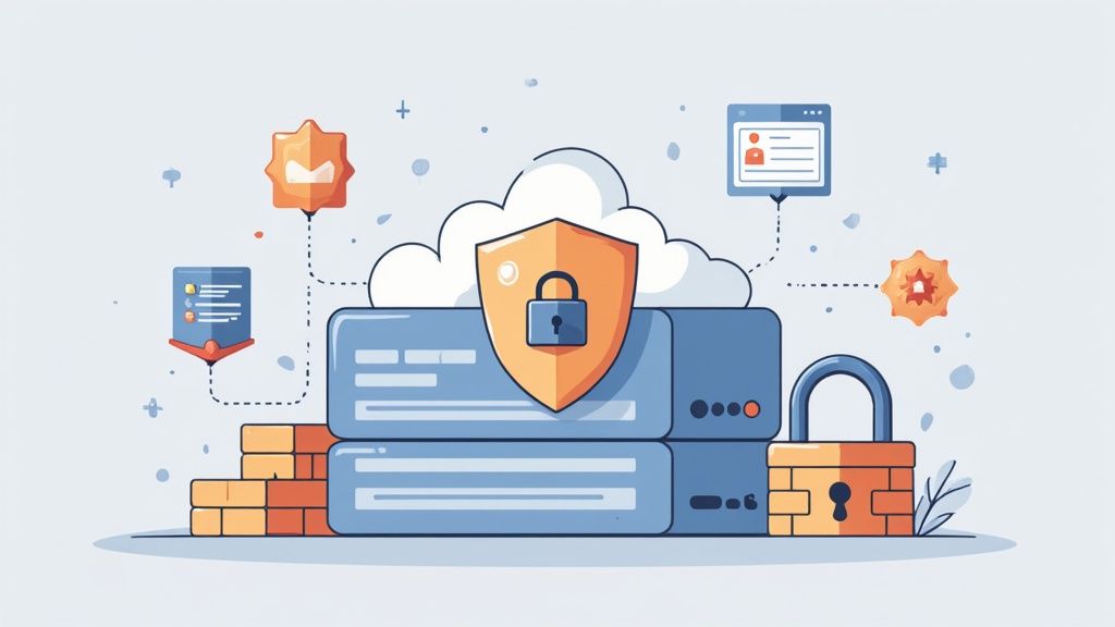 A shield icon overlaid on a cloud, symbolizing cloud security.