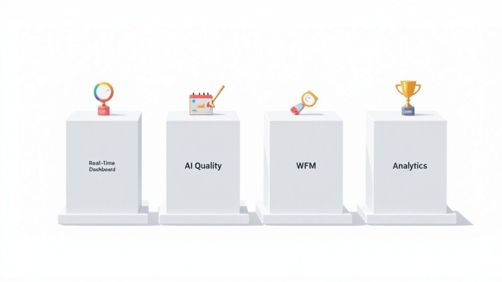 A manager reviewing real-time dashboards on a large screen in a modern contact center.