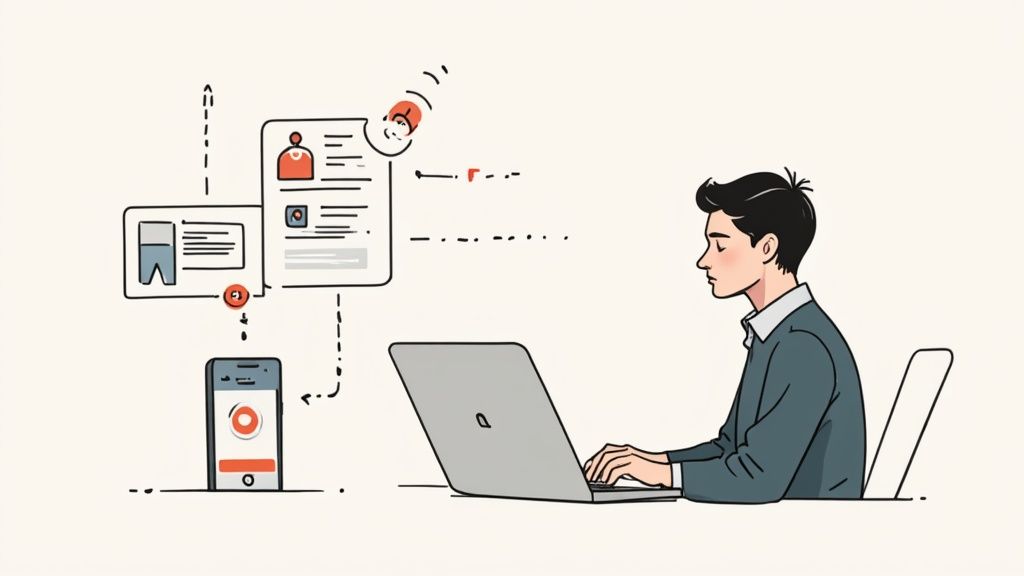 Professional working on laptop managing digital content and mobile app connectivity workflow