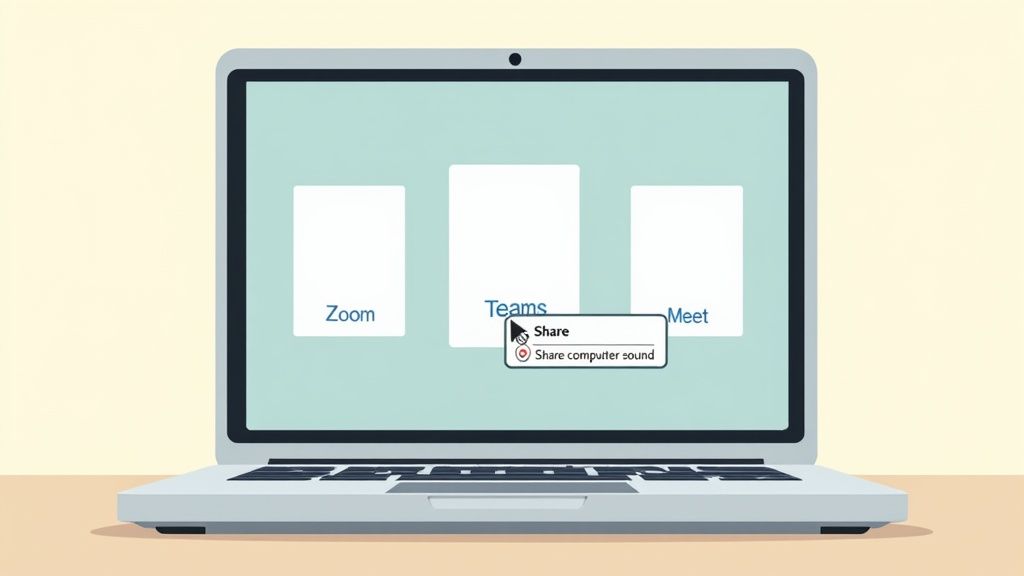 A laptop screen showing Zoom, Teams, and Meet options, with a 'Share' menu open over 'Teams'.