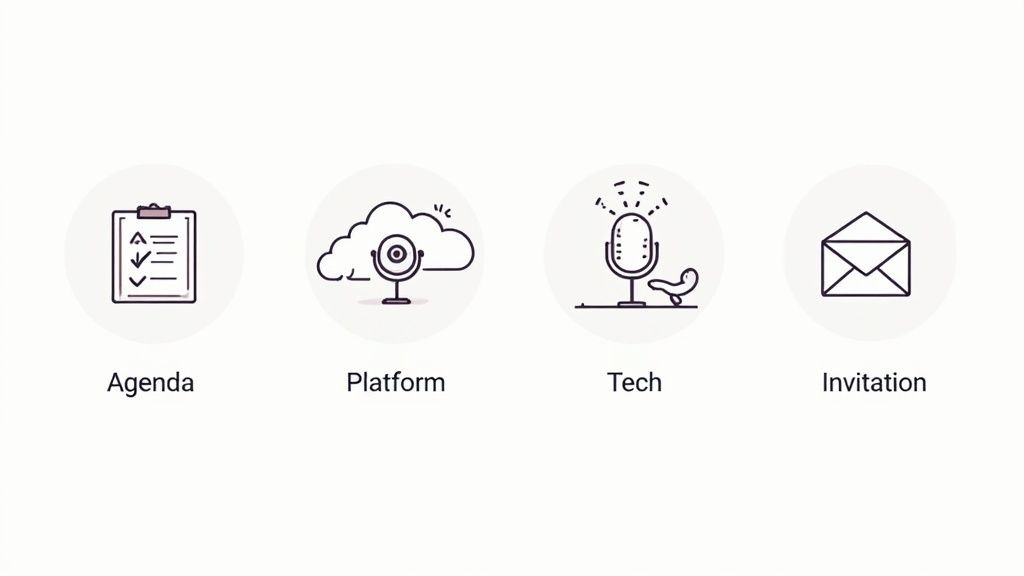 Four icons illustrating event planning components: agenda, platform, tech, and invitations on a white background.