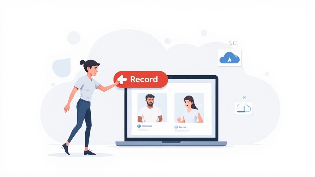 An illustration shows a woman recording an online video call on a laptop with cloud storage icons.