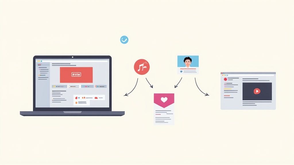 Illustration depicting a content creation and distribution workflow with a laptop, music, profile, and engagement.