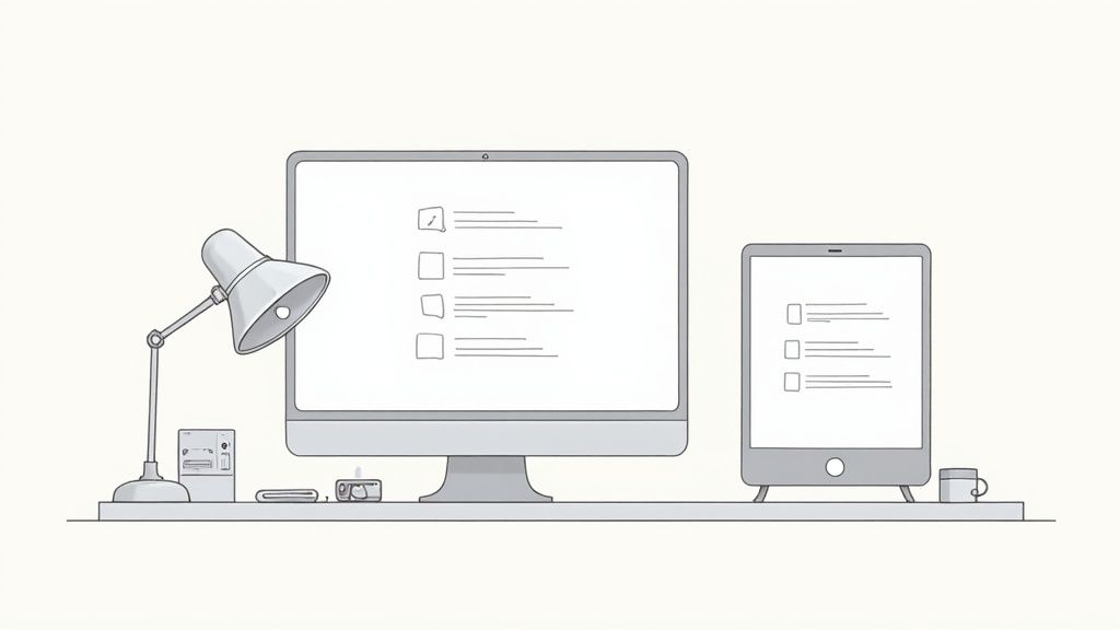 A minimalist workspace with a computer monitor and tablet showing checklists, a desk lamp, and small items.