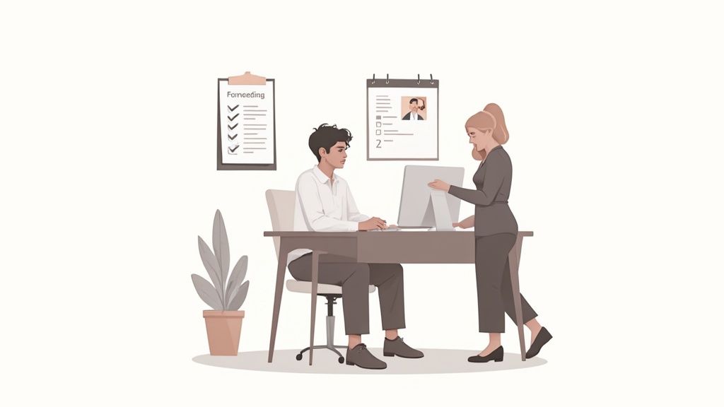 Two professionals, a man and a woman, are collaborating at a computer in a modern office.