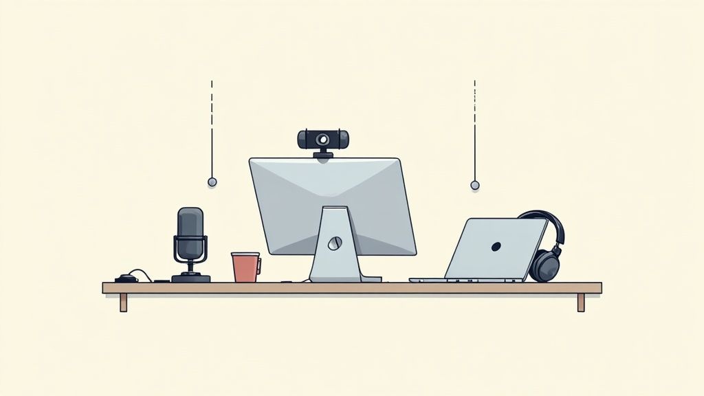 A minimalist illustration of a modern workspace featuring a monitor, webcam, microphone, laptop, and headphones.