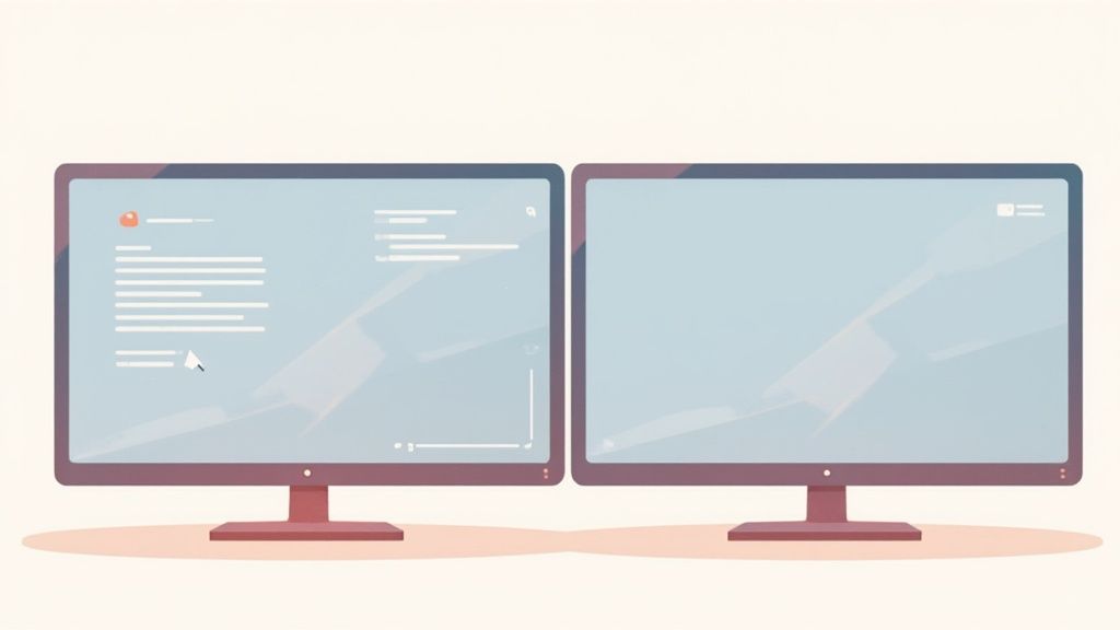 Illustration of two computer monitors side by side, one displaying a screen with UI elements, the other blank.