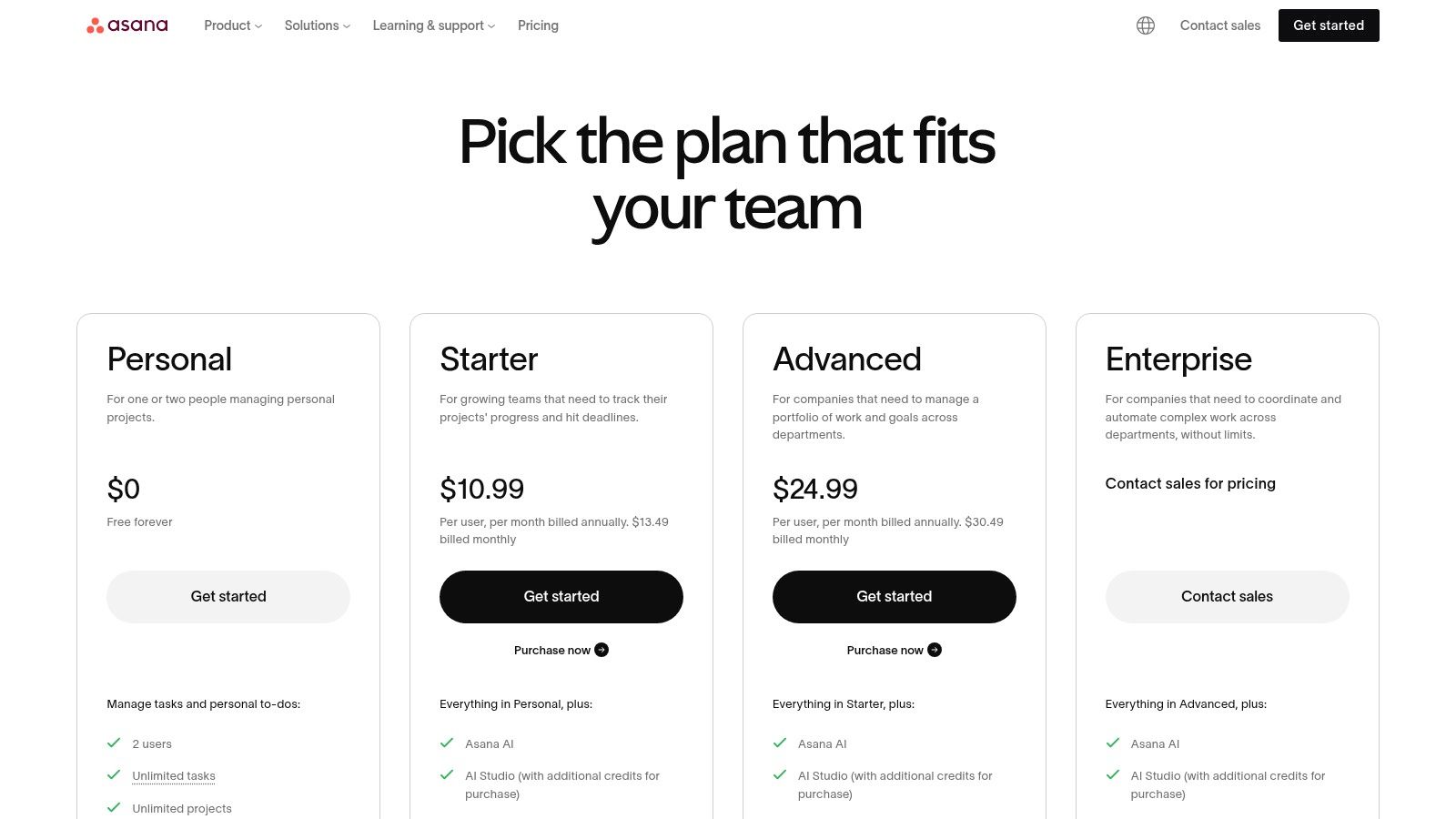 Asana pricing plans