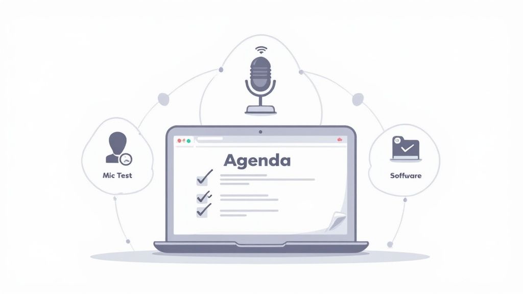 Illustration of a laptop with an agenda, microphone, and software icon for conference calls.