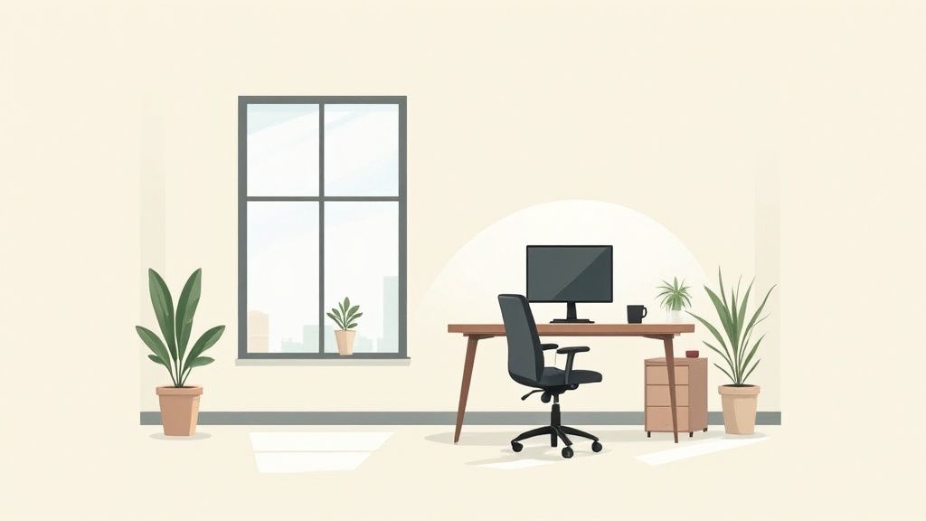 A minimalist home office setup with a desk, monitor, chair, and plants next to a large window.