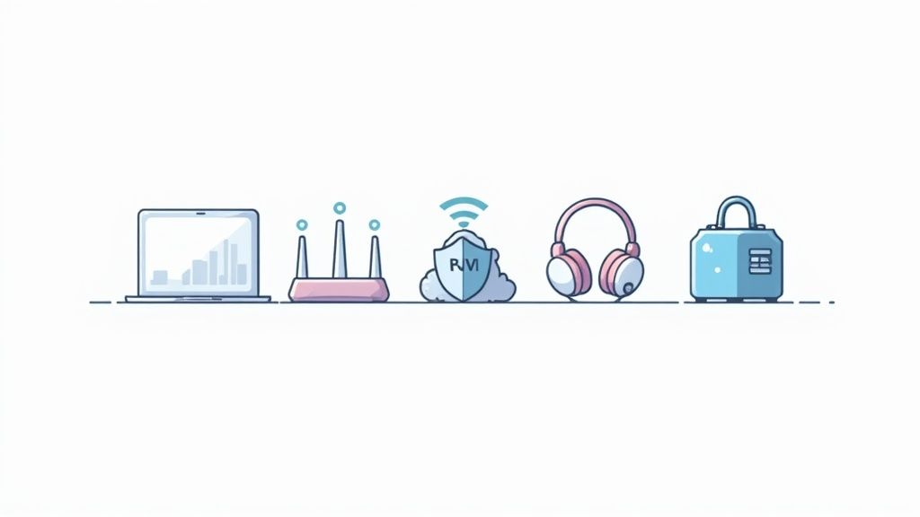 Icons for remote work essentials: a laptop, Wi-Fi router, cloud security, headphones, and a padlock.