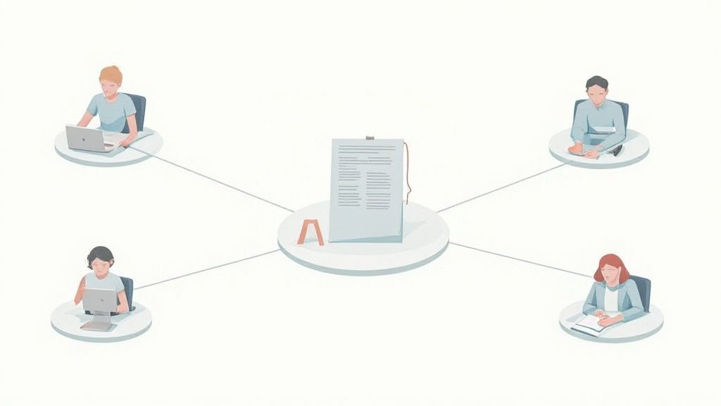 Four people connected to a central document, illustrating networked collaboration or information sharing.