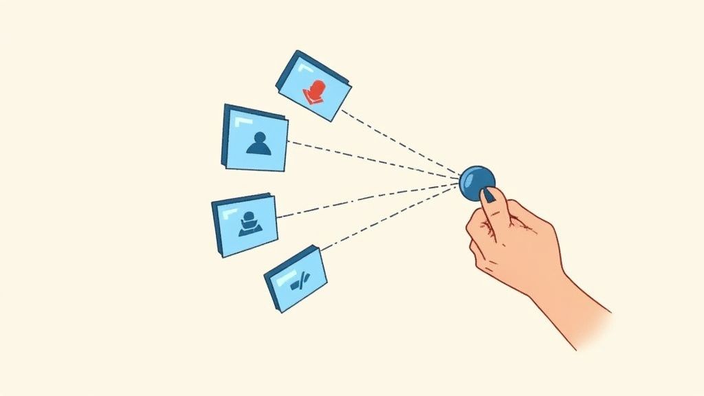 A hand holds a blue orb, connecting via dashed lines to cards representing various call management features.