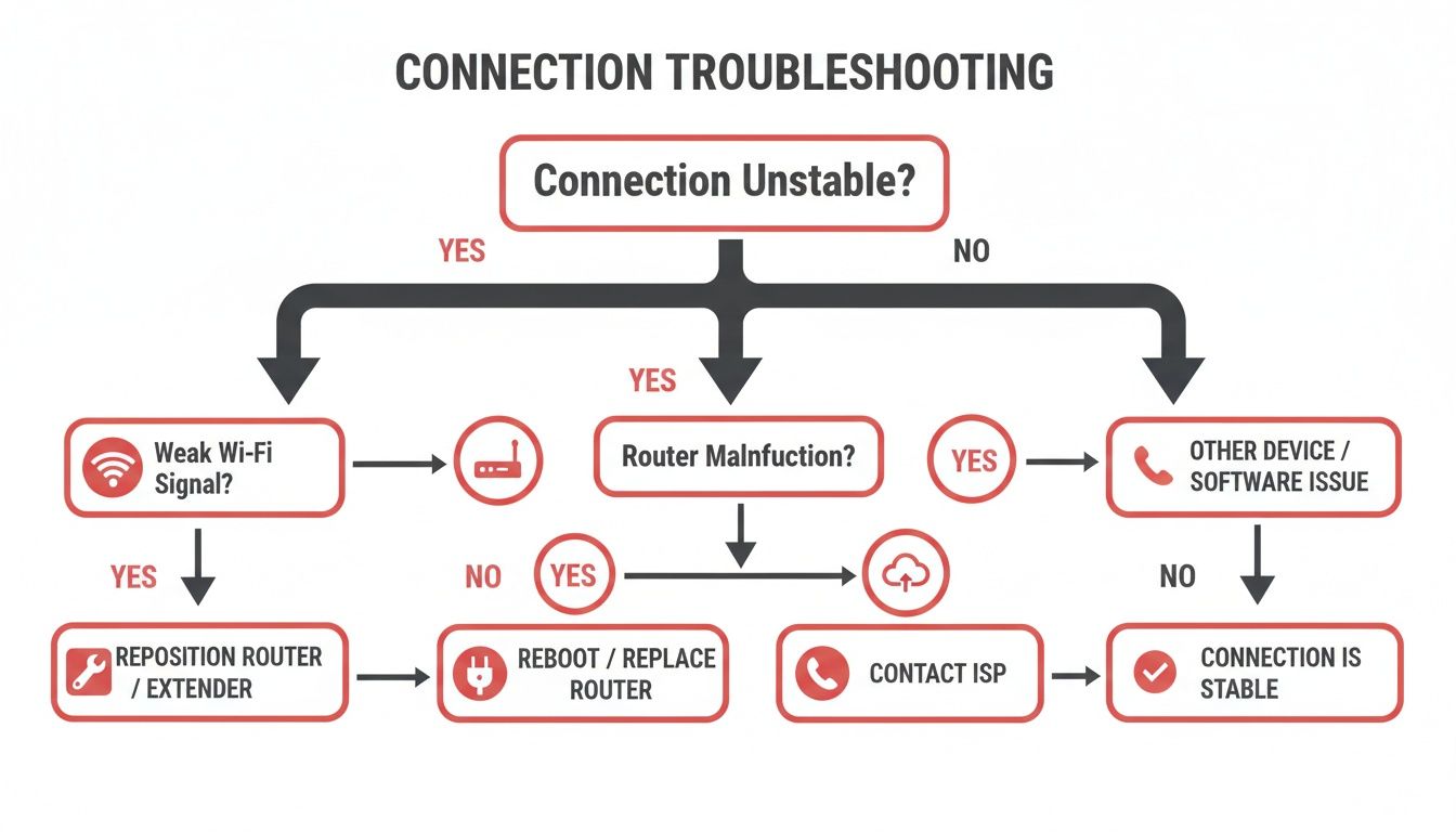 Flowchart for internet connection troubleshooting, covering Wi-Fi, router, and device issues to achieve stable connection.