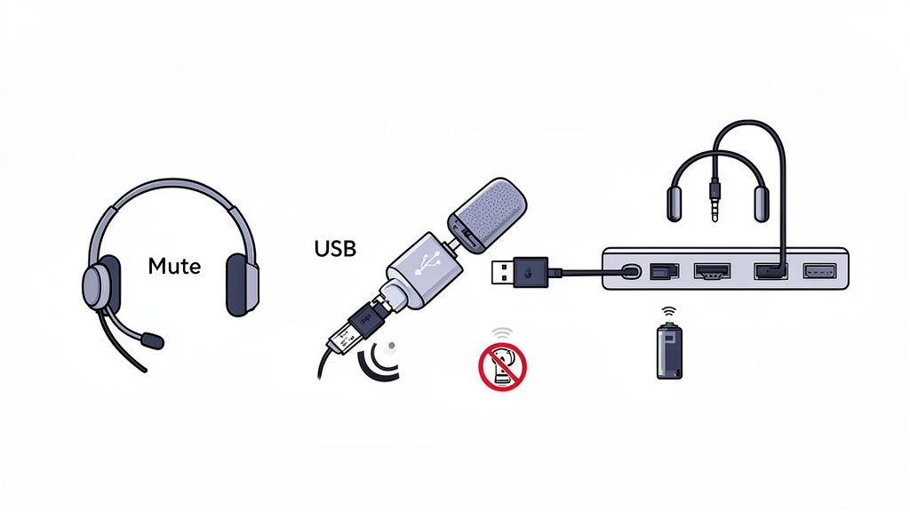 Illustration of audio devices and connections: a headset, USB microphone, and a multi-port hub with headphones.