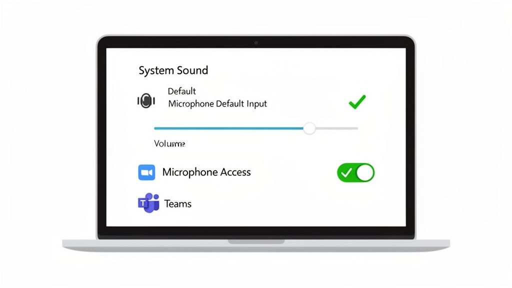 A laptop screen showing system sound settings with microphone input, volume, and access options.
