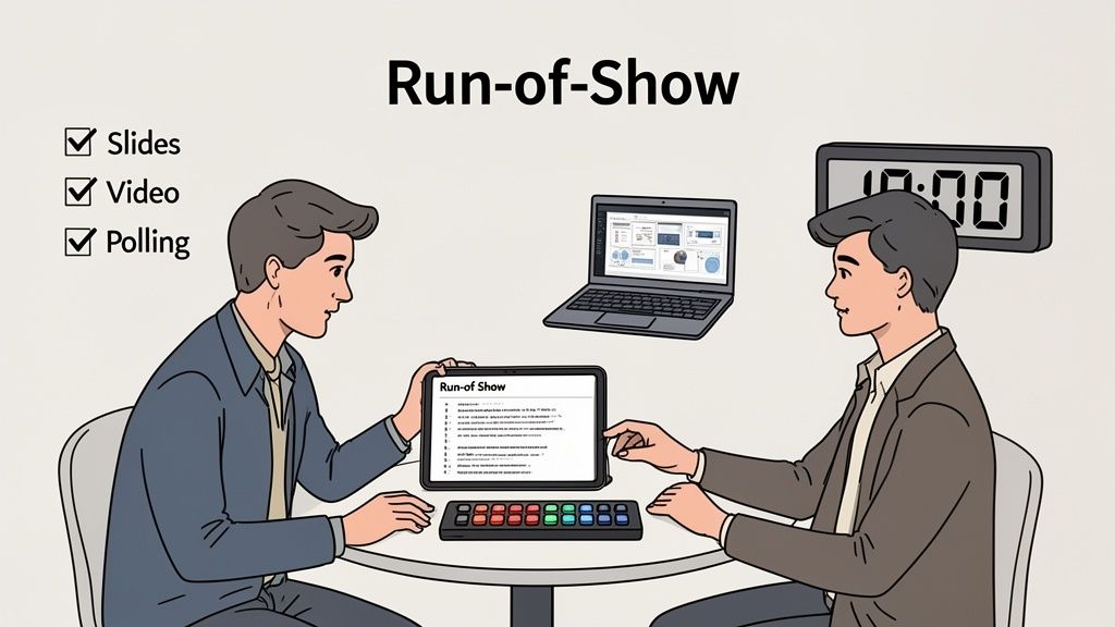 Two professionals collaborating on a webinar run-of-show, managing slides, video, and polling with digital tools.