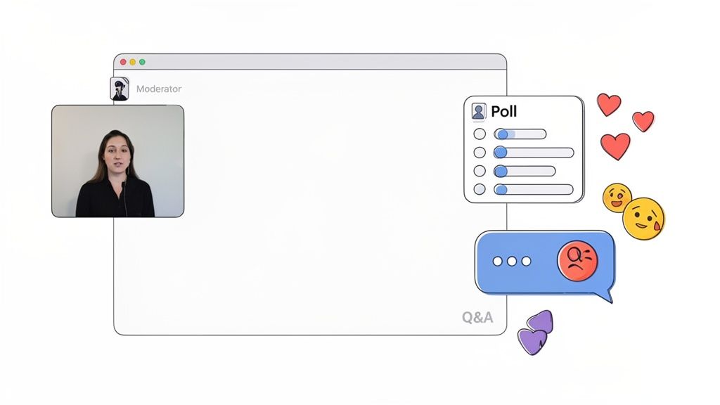 A webinar interface diagram showing a moderator, interactive poll, chat, Q&A, and various reaction emojis.