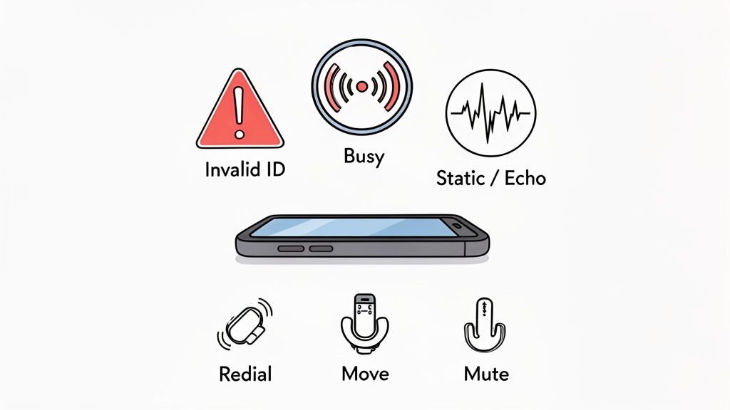 Icons depict smartphone call issues like Invalid ID, Busy, Static, Echo, and actions Redial, Move, Mute.