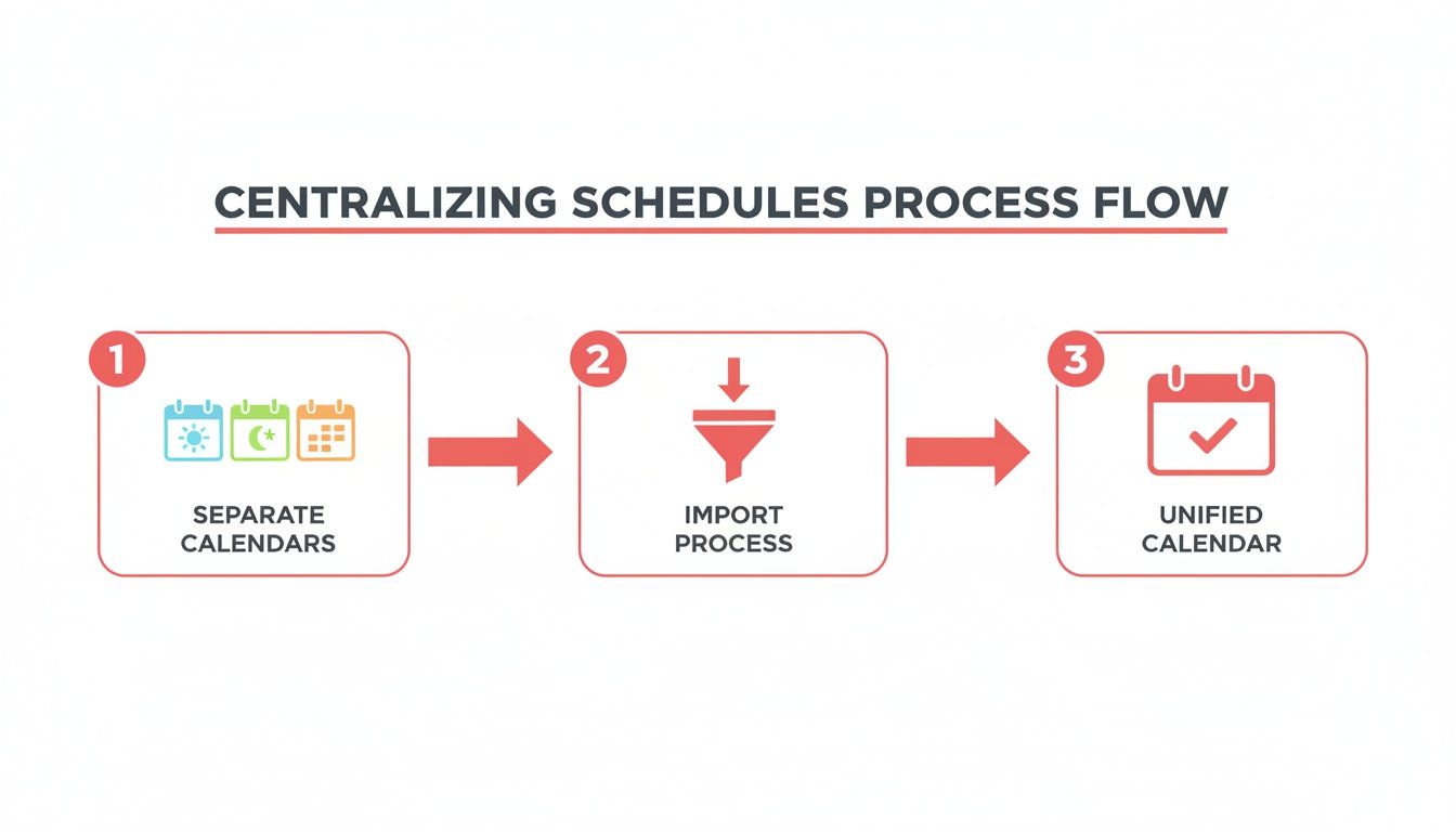 A three-step process flow illustrating centralizing schedules from separate calendars into a unified calendar.