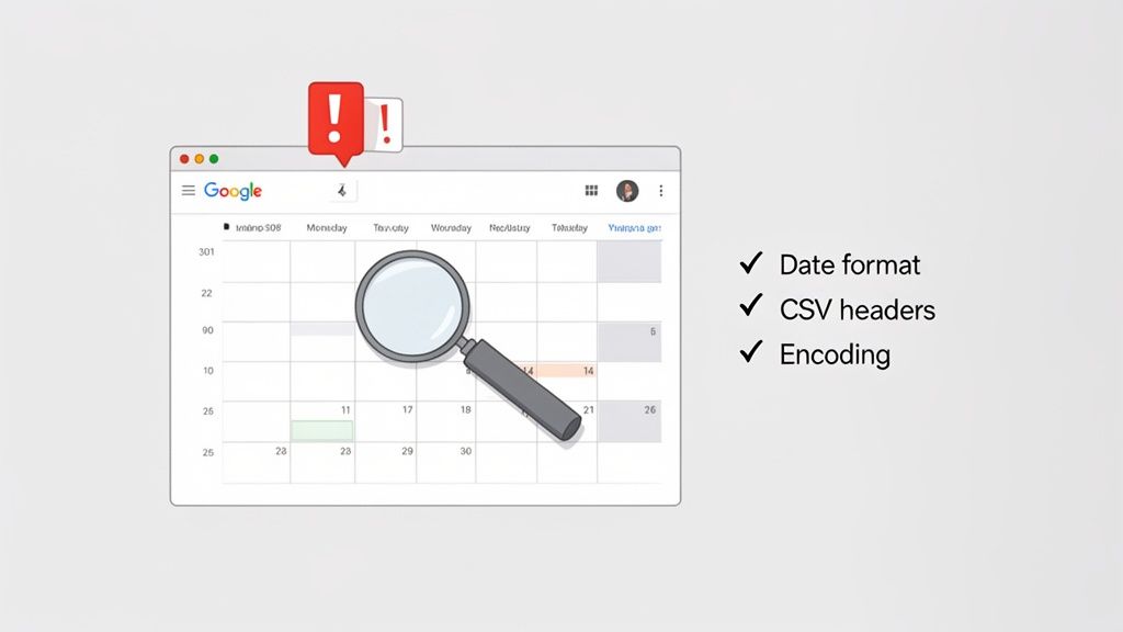 A Google Calendar interface with a magnifying glass, showing checks for date format, CSV headers, and encoding.