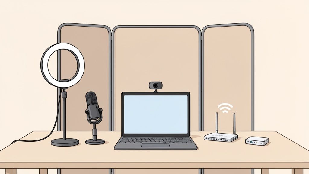A desk setup for live streaming or video conferencing with a ring light, microphone, laptop, webcam, and networking equipment.