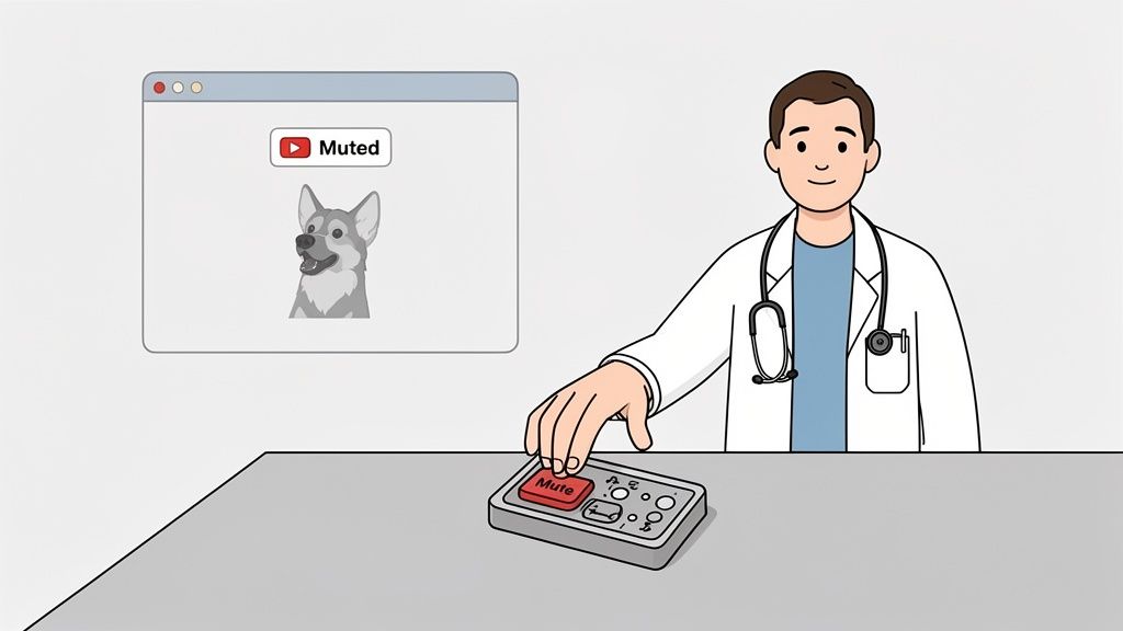 A cartoon doctor presses a mute button, silencing a barking dog video on a screen.
