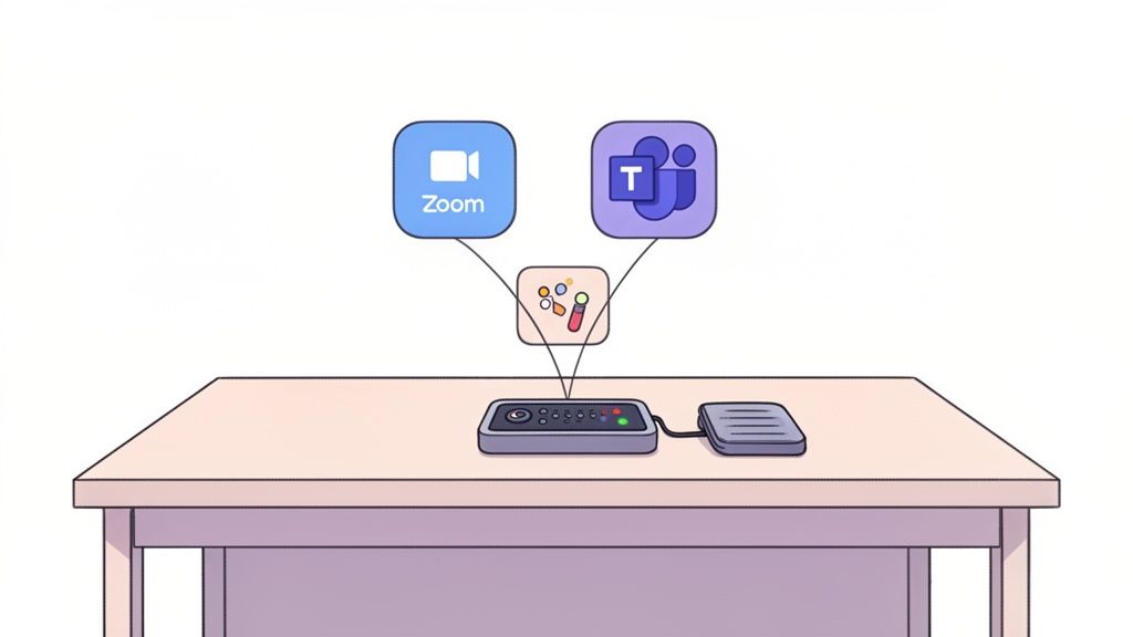 A tabletop device connects to Zoom and Microsoft Teams icons, indicating multi-platform meeting support.