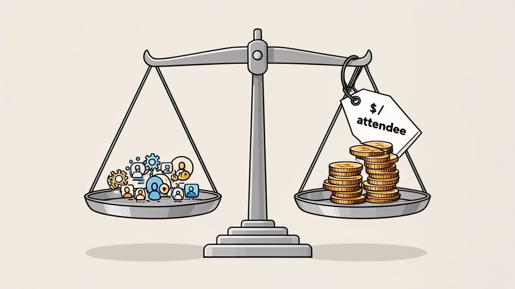 A balanced scale comparing people and gears on one side with stacks of coins and an attendee cost tag.