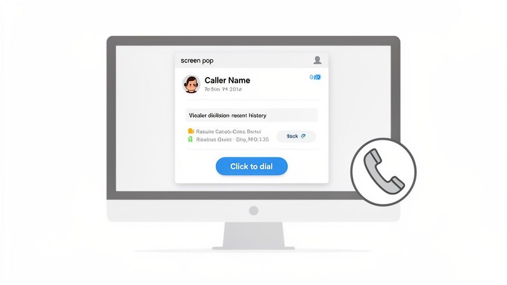 A computer monitor displays a CTI screen pop showing caller ID, call history, and a 'Click to dial' button.
