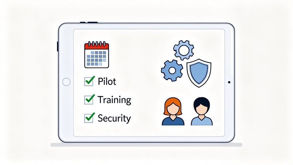 A tablet displays a checklist: Pilot, Training, Security, with icons for schedule, settings, and users.