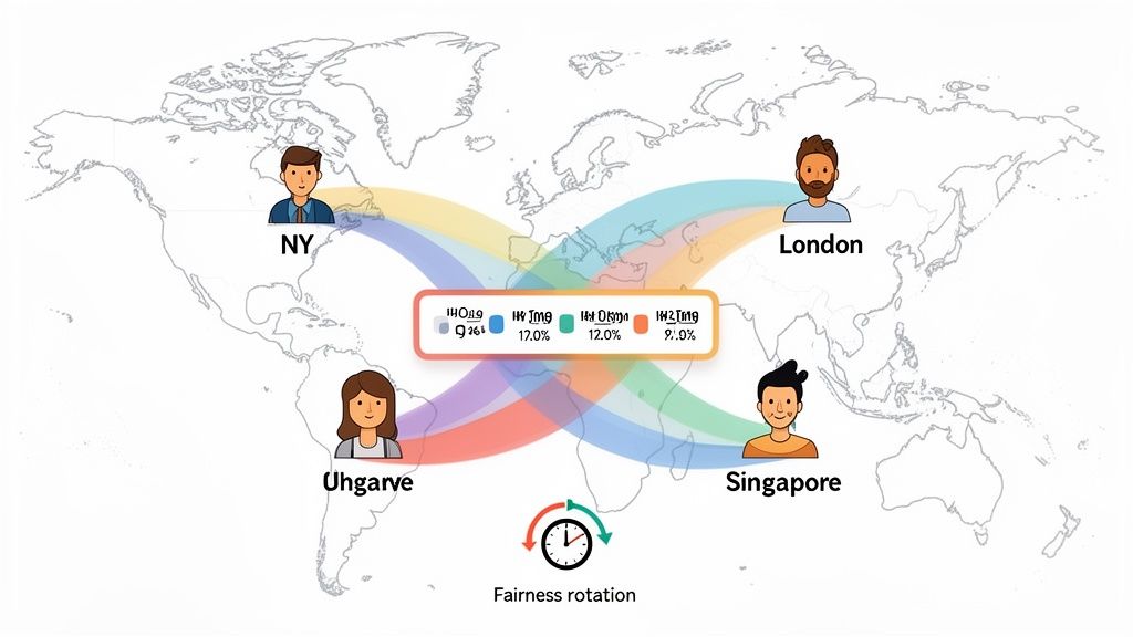 World map showing global team communication across NY, London, Uhgarve, Singapore with fairness rotation.