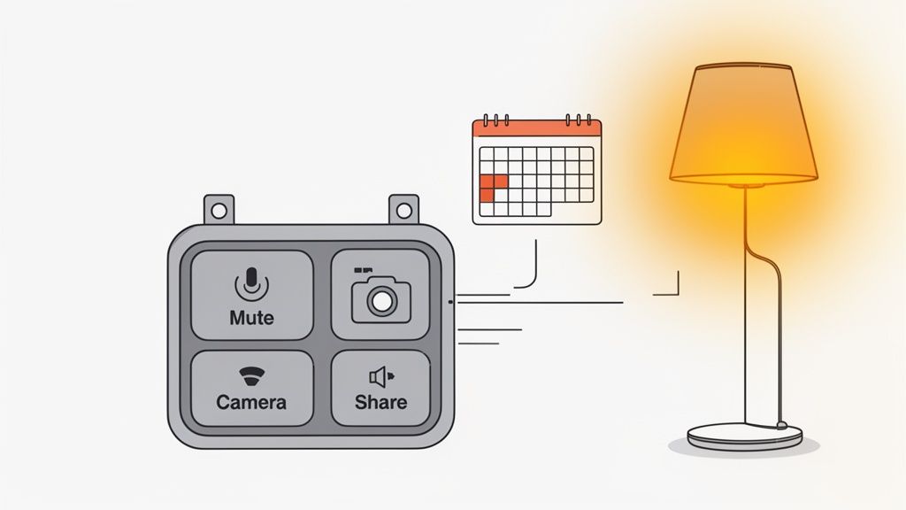 A smart meeting control panel with mute, camera, and share buttons connected to a calendar and a glowing lamp.