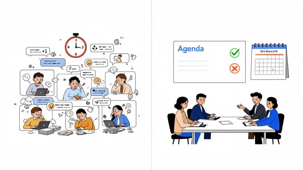 Illustrates the contrast between chaotic, overwhelmed work and organized, effective team meetings.