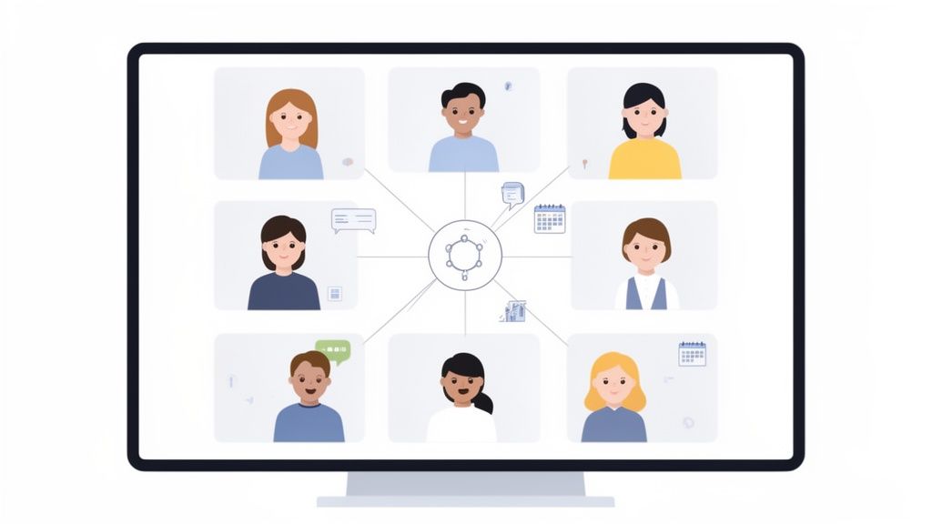 A computer monitor shows a video conference with eight diverse people and collaboration tools.